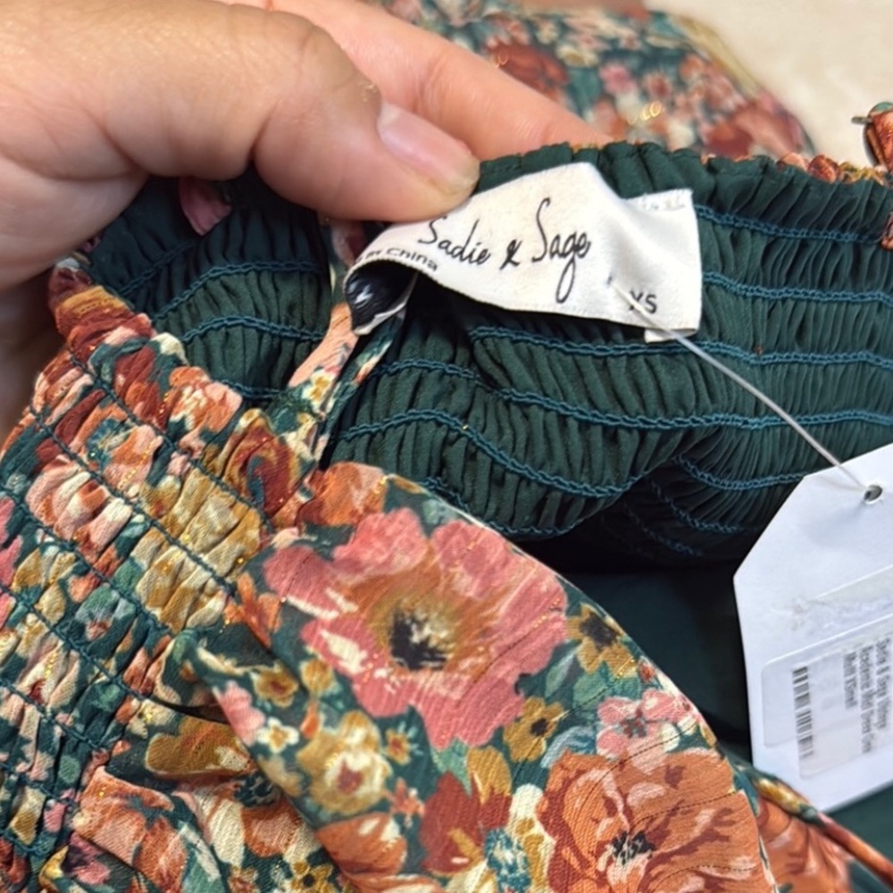 Sadie & Sage Floral Green Red Smocked Halter Midi Dress - Picture 12 of 12